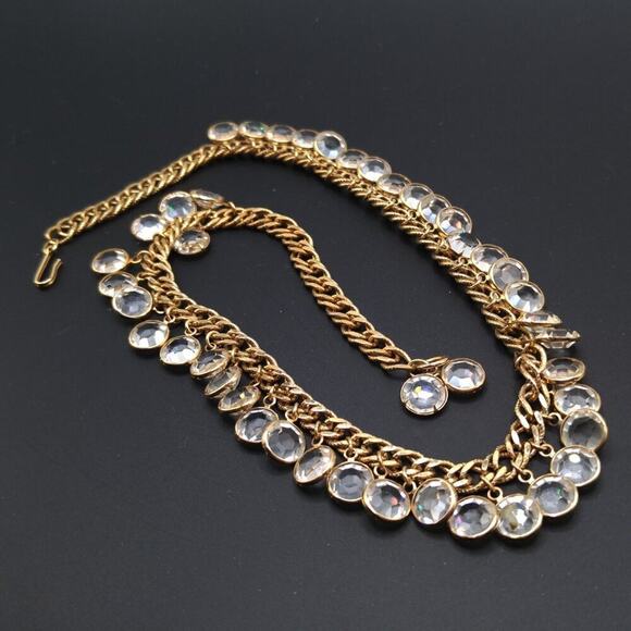 Vintage Clear Flat Back Crystal Dangle Necklace, 16 1/2 Inches, Hook Clasp - Picture 1 of 8